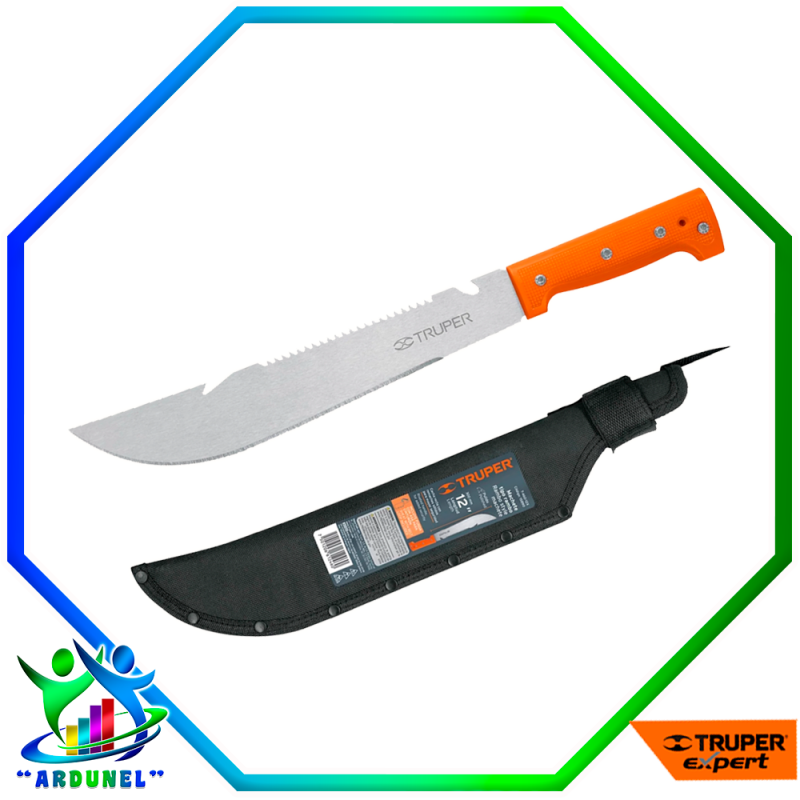 MACHETE TIPO RAMBO DE 12" MANGO NARANJA Y FUNDA (AFILADA Y DENTADA)