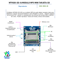 MÓDULO DE SONIDO MP3 MINI TARJETA SD WTV020-SD-16