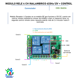 MODULO RELE 4 CANALES INALÁMBRICO 433MHZ 12V + CONTROL