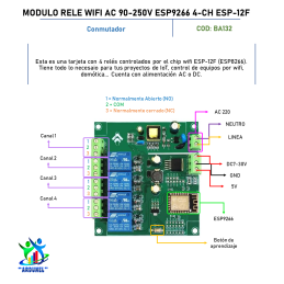 MODULO DE RELE WIFI AC 90-250V ESP8266 4 CANALES ESP-12F