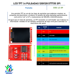 LCD TFT 1.4 PULGADAS 128X128 PIXEL ST7735 SPI