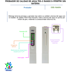 PROBADOR DE CALIDAD DEL AGUA TDS-3 RANGO 0-9990 PPM, SIN BATERÍA