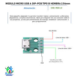 MODULO MICRO USB A DIP-PCB TIPO B HEMBRA 2.54MM 5 PINES