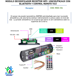 MODULO AMPLIFICADOR RECEPTOR MP3 V3.0  BLUETOOTH USB/SD/FM/AUX CON CONTROL REMOTO