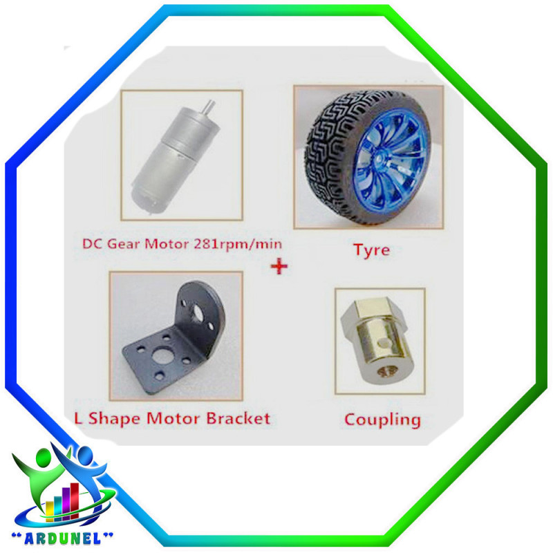 KIT MOTOR 281 RPM 6V + RUEDA DE GOMA GAUCHA 65MM + SOPORTE + ACOPLE DE 5MM